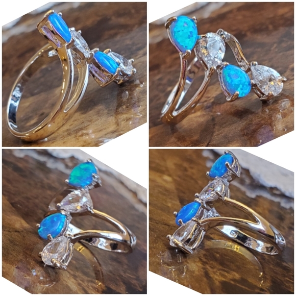Genuine Blue Fire Opal/White Topaz Ring Size 9 - Picture 7 of 8